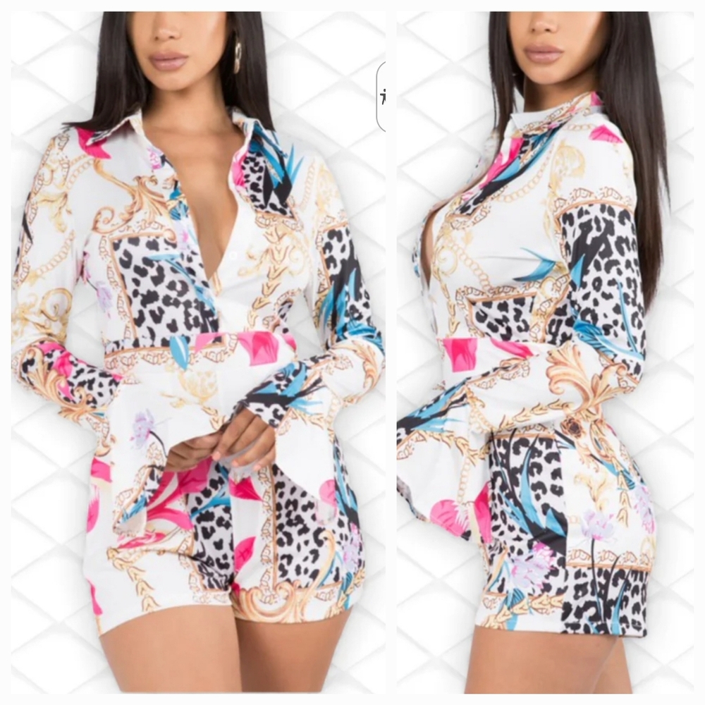 Beautiful comfy & stylish multi color Leapord print Romper w/Bell Sleeves.